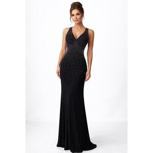 Cachet Black Rhinestone Studded Evening Gown Maxi Dress Size 6 Formal Prom